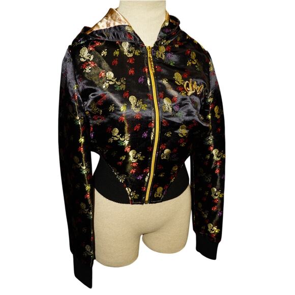 Lot29 Y2K Black Satin Skull Print Cropped Zip Hoodie Jacket Gold Logo Women’s M - Picture 1 of 13